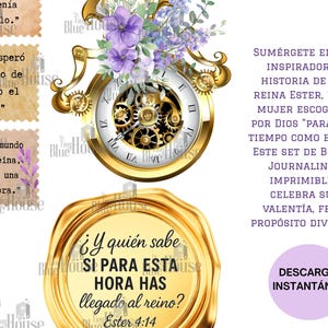 May include: Digital Bible journaling set featuring a gold clock with gears, purple flowers, and text in Spanish. Includes quotes and a seal with text. A downloadable, printable set.