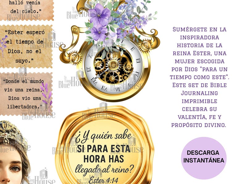 May include: Digital Bible journaling set featuring a gold clock with gears, purple flowers, and text in Spanish. Includes quotes and a seal with text. A downloadable, printable set.