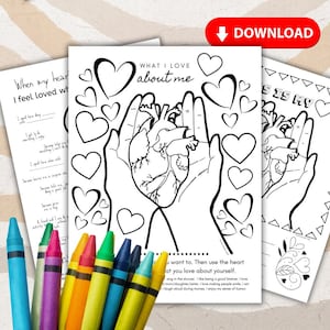 Dibujos para colorear de corazones para niños, actividad imprimible para niños, actividad de autoestima, amor propio para niños, descarga digital en formato pdf para educación en el hogar