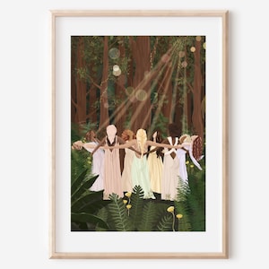 BOS VERZAMELEN - beeldende kunst vrouwen cirkel groep illustratie print muur decor poster spirituele vriendschap boho meisjes bos ontwerp etherisch