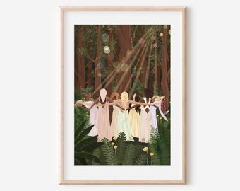 FOREST GATHERING - fine art womens circle group illustration print