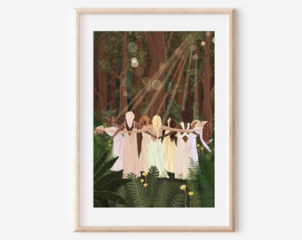 FOREST GATHERING - fine art womens circle group illustration print wall decor poster spiritual friendship boho girls woods design ethereal