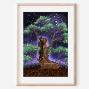 May include: A framed art print showing a woman merged with a tree, set against a starry night sky with a crescent moon. The woman's form is part of the tree's branches and roots, with green leaves and a dark purple and blue backdrop.