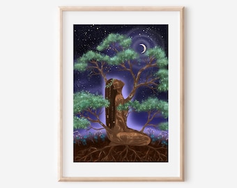 May include: A framed art print depicts a woman integrated with a tree, under a starry night sky with a crescent moon. The woman's form is intertwined with the tree's branches and roots, with green leaves and a dark purple and blue background.