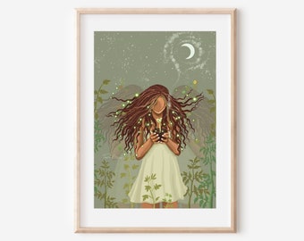 THE SEED - fine art print  nature lover illustration wall decor poster women green magical spiritual plants nature ethereal whimsical moon
