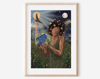 May include: A digital illustration of a woman with dark brown skin and afro hair holding a globe of the Earth. She is surrounded by green foliage and a rainbow. The background features a sun, moon, and stars.