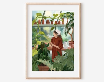 THE GREENHOUSE - fine art print plant lady illustration wall decor poster hippie green boho witchy plants girl gardening floral house plants