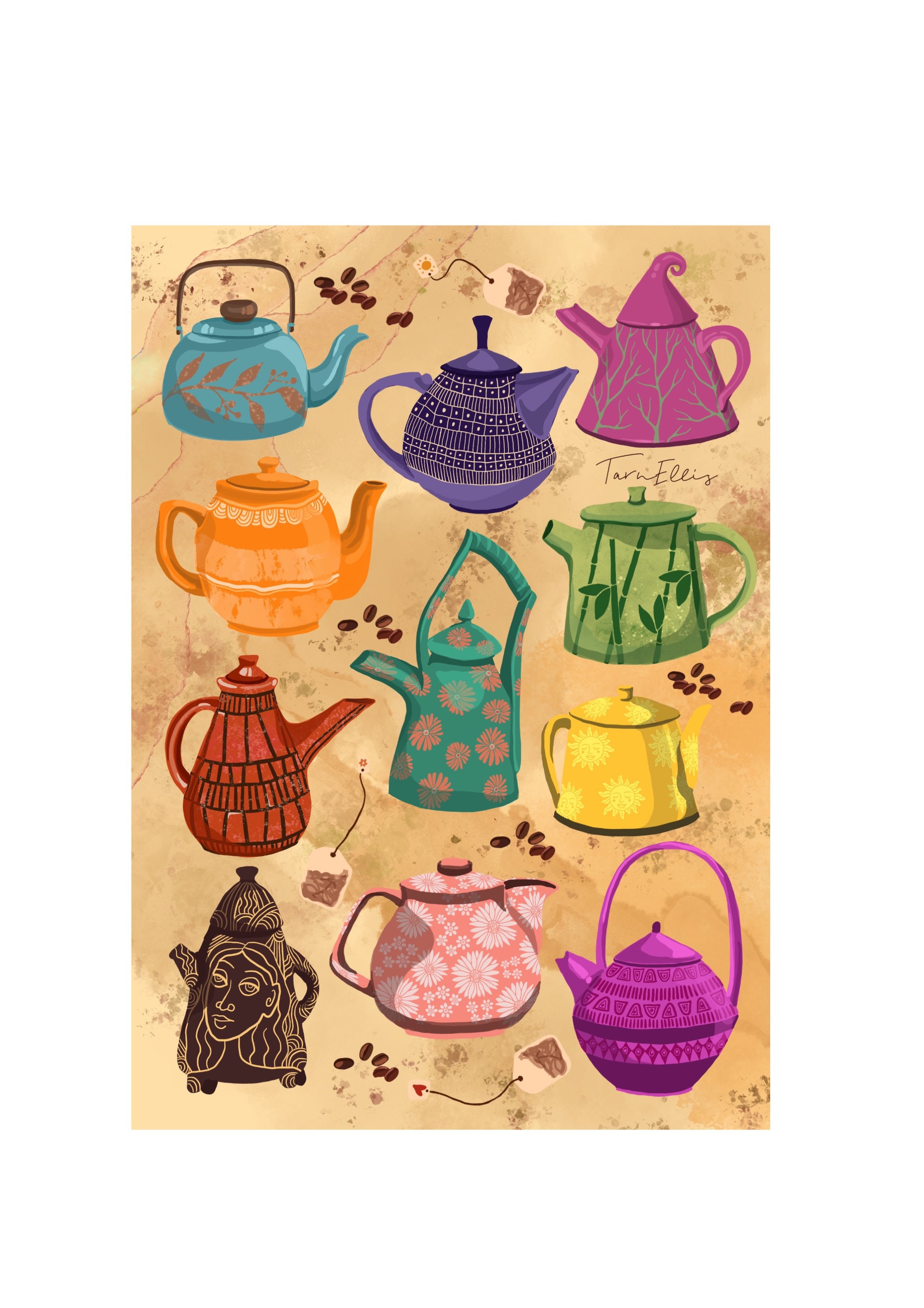 TEAPOTS fine art illustration kitchen coffee print Etsy