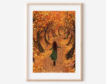 AUTUMN MAGIC - fall scene | cosy leafy winter | fine art illustration print