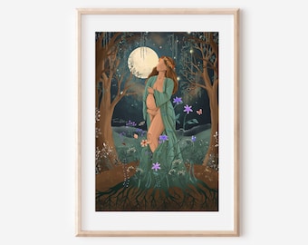 FULL BLOOM - pregnancy art mother baby poster motherhood moon nature mama floral print decor spiritual gift for mum illustration ethereal