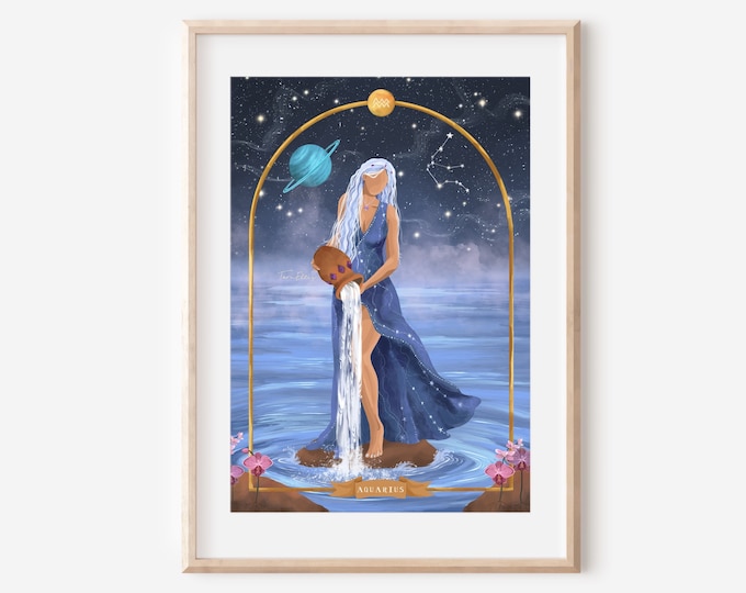 AQUARIUS - poster print star sign zodiac fine art illustration spiritual goddess astrology wall decor celestial water constellation