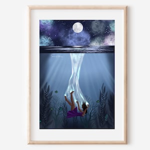 LAS PROFUNDIDADES - impresión de bellas artes océano mágico ilustración espiritual dolor tristeza agua decoración de pared póster surf luna mar buceo nadar bohemio brujería