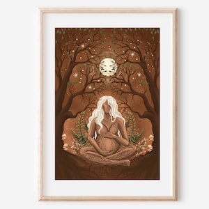 MOTHER NURTURE - fine art print pregnant earthy woman illustration wall decor poster spiritual birth baby moon nature whimsical magical