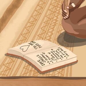 May include: A brown leather-bound journal with the words "LOVE SPELLS" and "YOU ARE PURE LOVE" written on the cover. The journal is open to a page with handwritten instructions for love spells.