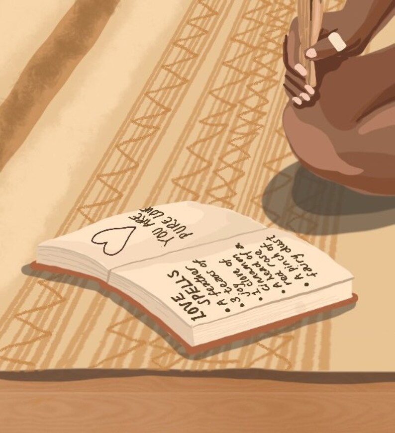 May include: A brown leather-bound journal with the words "LOVE SPELLS" and "YOU ARE PURE LOVE" written on the cover. The journal is open to a page with handwritten instructions for love spells.