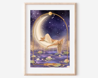MOON - Print Poster Fine Art Illustration spirituelle Göttin Astrologie verträumt Luna Wanddeko Mädchen und Mond himmlische Kunst
