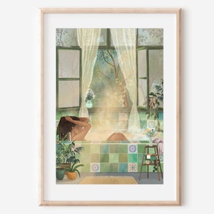 ME TIME - fine art illustration print peaceful self love poster bathroom wall decor house plants green bathtime dreamy self care painting