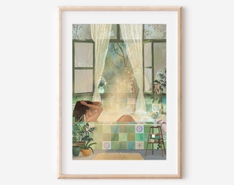 ME TIME - fine art illustration print peaceful self love poster bathroom wall decor house plants green bathtime dreamy self care painting