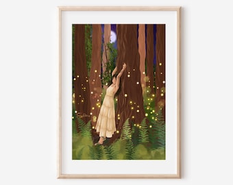 FIREFLIES - fine art print tree hugger woman spiritual illustration woodland wall decor poster hippie boho magical fairie whimsical fairy