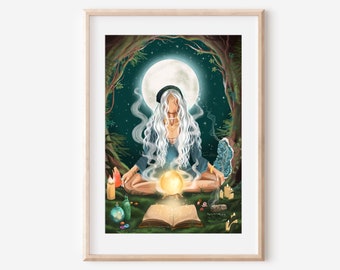 THE SORCERESS | fine art print magic maker witch bruja tarot wall decor poster illustration nature ethereal whimsical moon spiritual magical