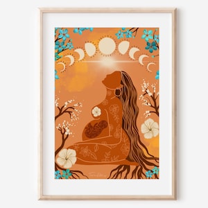 NACIMIENTO - Impresión de bellas artes, fases lunares, mujeres, bebé, madre, embarazo, decoración de pared, póster, ilustración espiritual, flores, etéreo, caprichoso, regalo para mamá