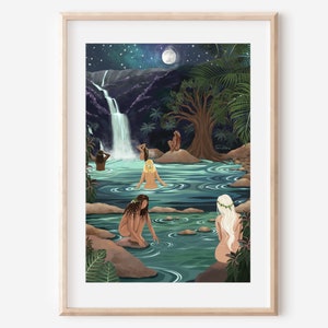 RIVER BATHING - women connecting with nature fine art illustration print