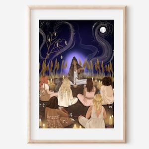 CACAO CEREMONY- fine art print women circle healing ritual gathering illustration wall decor poster spiritual ethereal moon magical witchy