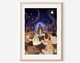 CACAO CEREMONY- fine art print women circle healing ritual gathering illustration wall decor poster spiritual ethereal moon magical witchy