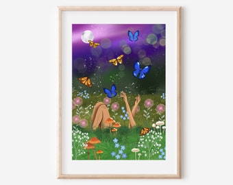 METAMORPHOSIS- fine art print magical butterfly meadow flowers wall decor poster spiritual illustration nature psychedelic whimsical magical