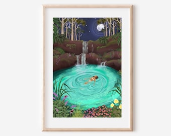 May include: A woman floats in a turquoise pool of water surrounded by lush greenery. The pool is nestled in a rocky landscape with a waterfall cascading down the side. The scene is illuminated by a full moon and stars in the night sky.