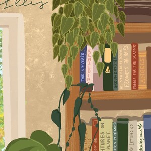 May include: A bookshelf with a variety of books, including "The Universe", "REWILDING", "GROUNDING", "Flowers", and "Poems for the Seasons". There is a green plant hanging from the top shelf and a large green leaf plant in the foreground.