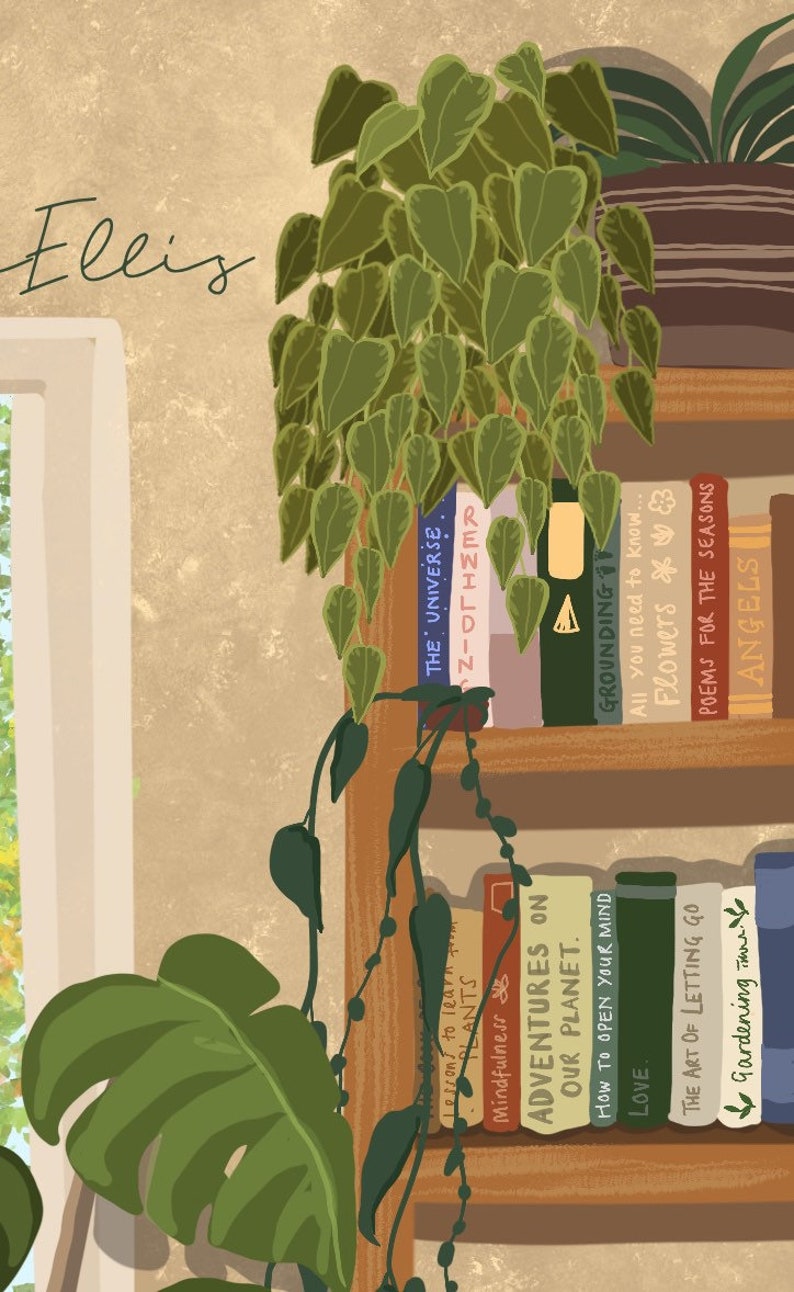 May include: A bookshelf with a variety of books, including "The Universe", "REWILDING", "GROUNDING", "Flowers", and "Poems for the Seasons". There is a green plant hanging from the top shelf and a large green leaf plant in the foreground.