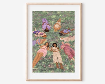 May include: A digital illustration of eight people laying in a field of flowers. The people are all different races and have different hairstyles. They are all wearing different clothes. The background is a field of green grass and flowers.