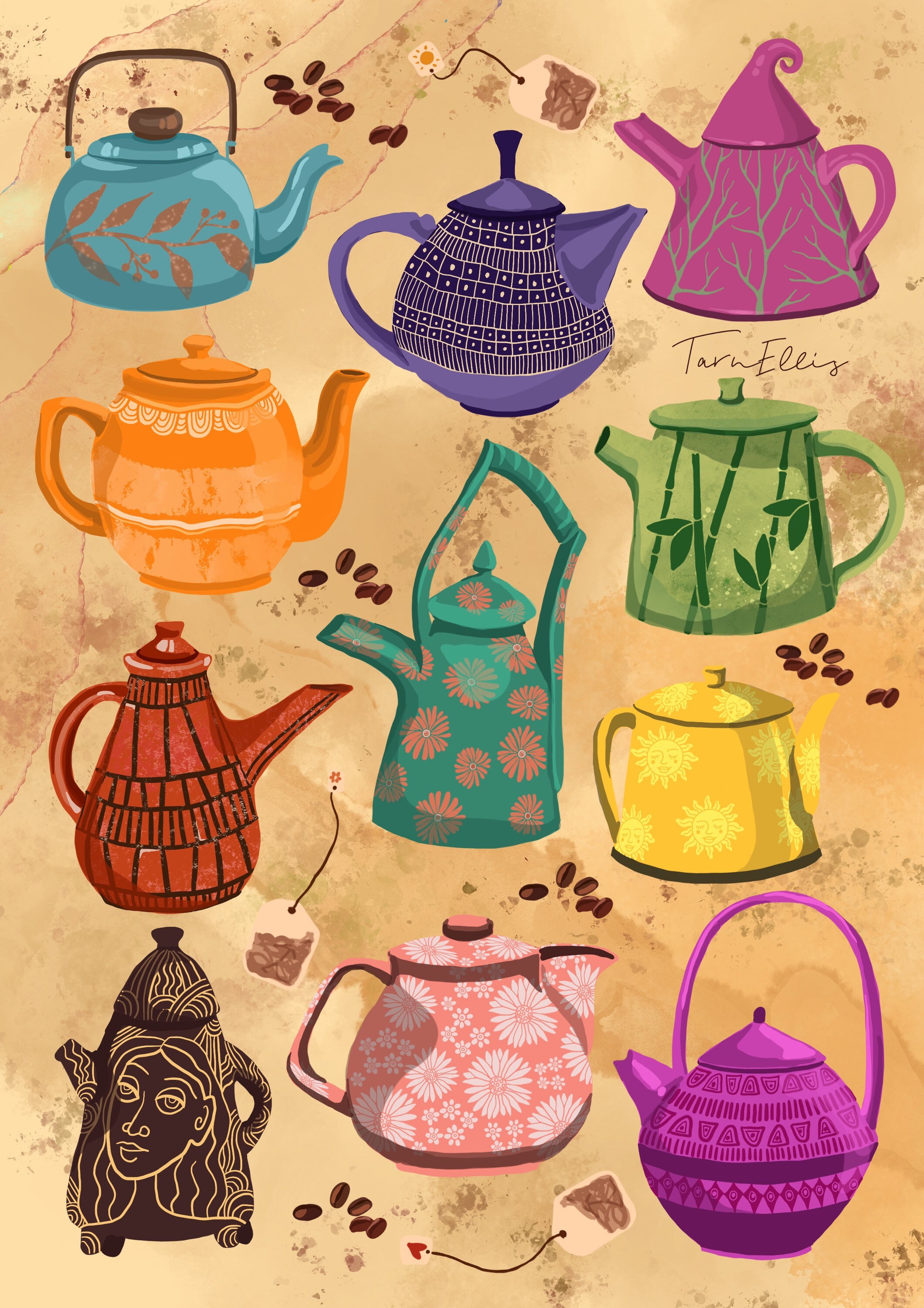 TEAPOTS fine art illustration kitchen coffee print Etsy