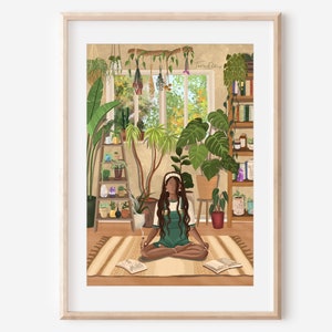 May include: A woman sits cross-legged on a rug in a room filled with plants. She is wearing a green jumpsuit and has long dark hair. There are bookshelves and a window in the background. The text "Tumbleweed" is visible on the window.