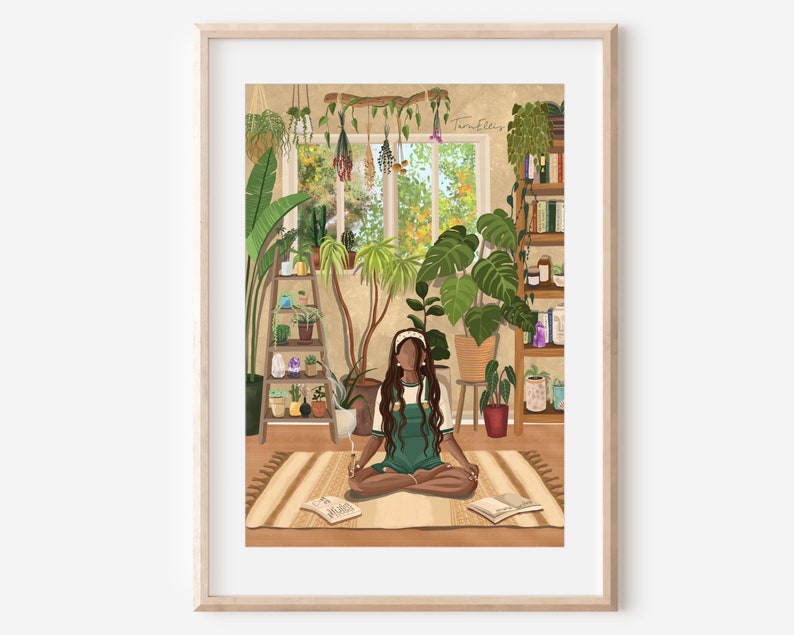 May include: A woman sits cross-legged on a rug in a room filled with plants. She is wearing a green jumpsuit and has long dark hair. There are bookshelves and a window in the background. The text "Tumbleweed" is visible on the window.