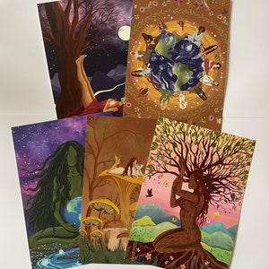 The EARTH collection  - five A5 nature women print set wall decor poster mini spiritual hippie mother earthy plants friendship