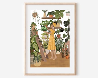 Plant Mania - fine art print, houseplant illustration gardening wall decor poster boho hippie nature watering can lady plants garden gift