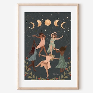 ECSTATIC DANCE - women’s circle fine art illustration print wall decor poster spiritual friendship girls moon phases boho design ethereal
