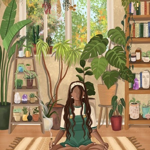May include: A woman sits cross-legged on a rug in a room filled with plants. She is holding a smudge stick and has a journal open in front of her. The room has a window with a view of trees and a bookshelf filled with books and crystals.