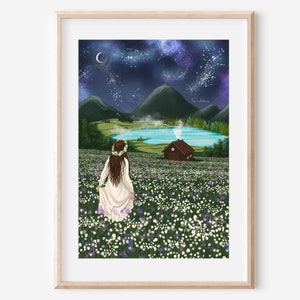 ENCHANTED LAKE  - fine art magic meadow painting illustration print