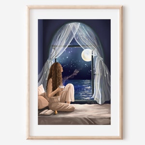 DREAM ON - Fine Art Print Mond Meer Liebhaber magisch gemütlich friedlich skurril Illustration Poster Wand Dekor spirituell verträumt Reise fantasievoll