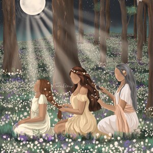 May include: Digital illustration of three figures in a moonlit forest, surrounded by white and purple flowers. One figure braids another's hair. An owl perches on a tree branch. The artwork is signed "Tari Ellis".