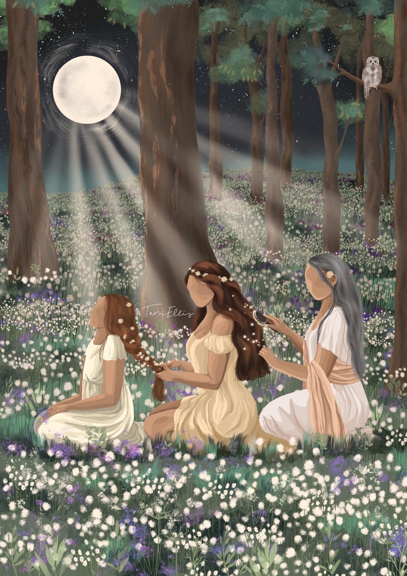 May include: Digital illustration of three figures in a moonlit forest, surrounded by white and purple flowers. One figure braids another's hair. An owl perches on a tree branch. The artwork is signed "Tari Ellis".