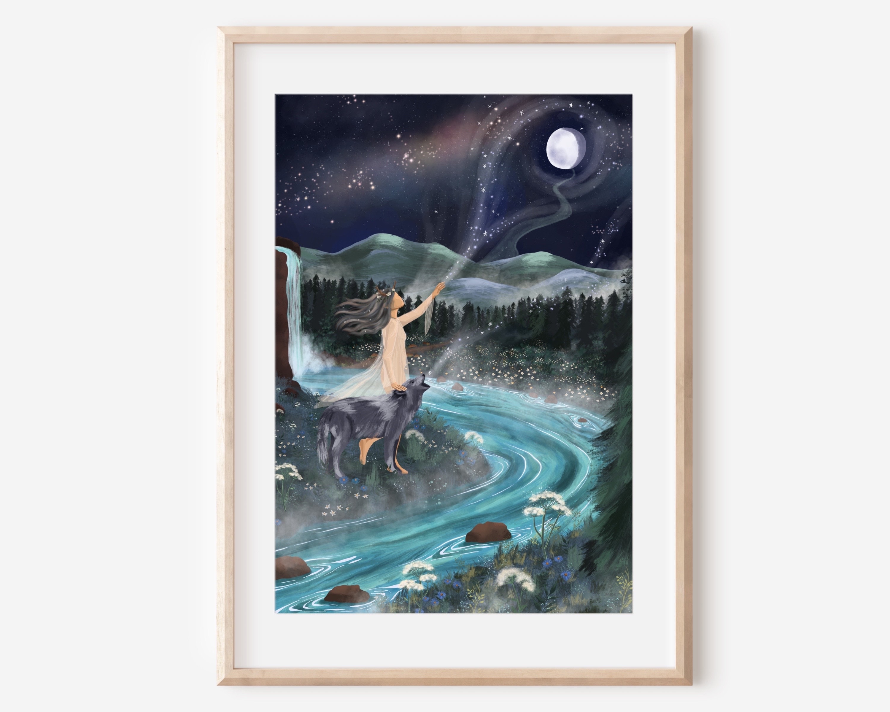 WILD WOLF WOMAN - Mother Nature Earth fine art illustration print wall decor poster gaia spiritual celestial moon whimsical folk ethereal