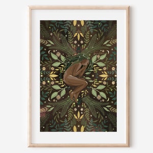 TECIDO NA NATUREZA - impressão de ilustração de belas artes, mulher terrosa, decoração de parede verde, arte popular, boho, pôster retrô místico