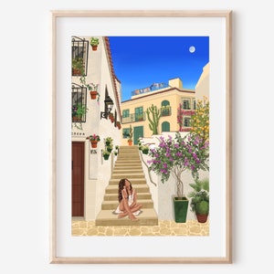 SPANISH TOWN - fine art print travel wanderlust girl illustration wall decor poster spiritual hippie solo female boho earthy adventure girl