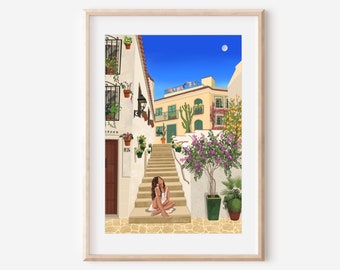 SPANISH TOWN - fine art travel wanderlust lady illustration print