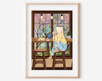 THE COFFEE SHOP - fine art illustration print wall decor poster spiritual hippie cosy cafe minimalism boho travel adventure girl room decor