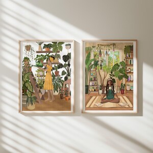 May include: Two framed illustrations of women in a room filled with plants. The woman on the left is watering plants while the woman on the right is meditating. Both illustrations have a light brown background.